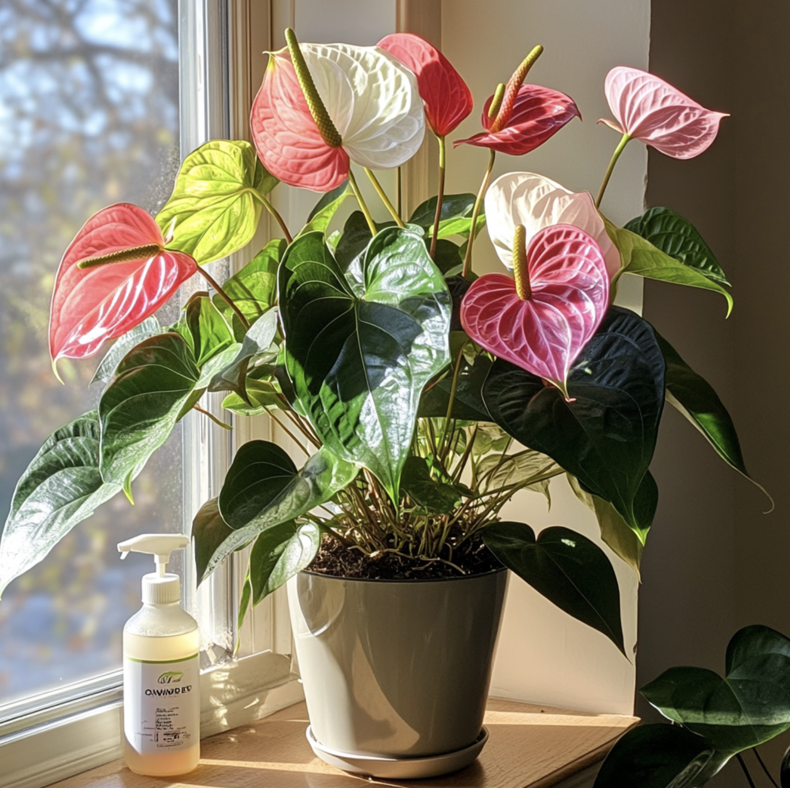 A vibrant Anthurium plant with red, pink, and white blooms, placed on a windowsill with soft, filtered sunlight. A spray bottle labeled ‘Oat Water’ is nearby, showing natural care in a serene indoor setting.